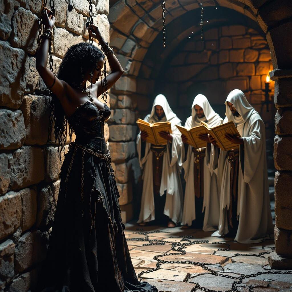 Medieval Dungeon Scene with Figures and Chained Woman