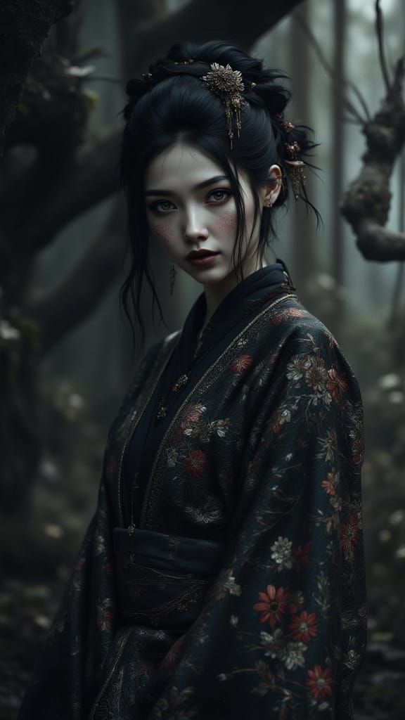 Gothic Geisha Portrait in Moody Forest
