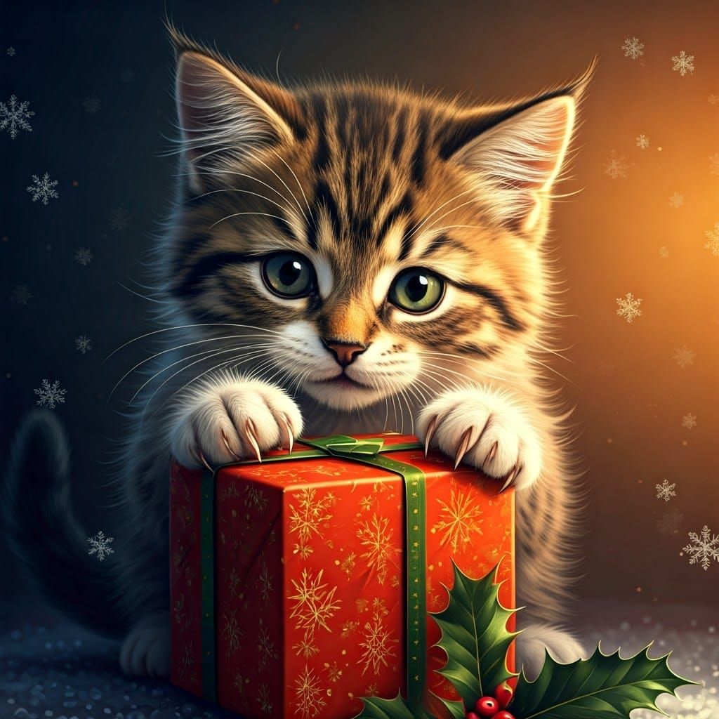 Whimsical Kitten Unwraps Christmas Gift in Hyperrealistic St...