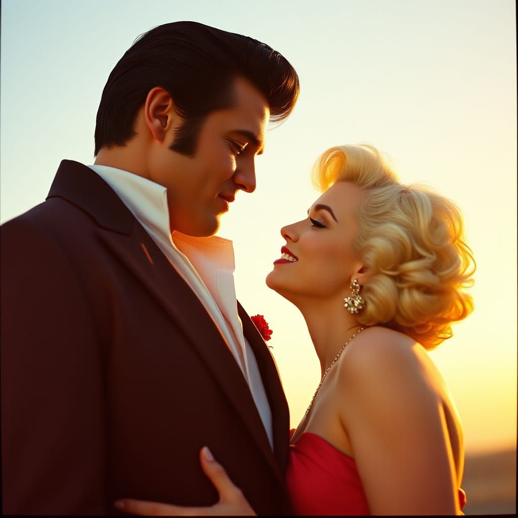 Tender Moment Between Elvis and Marilyn Monroe in Warm Golde...