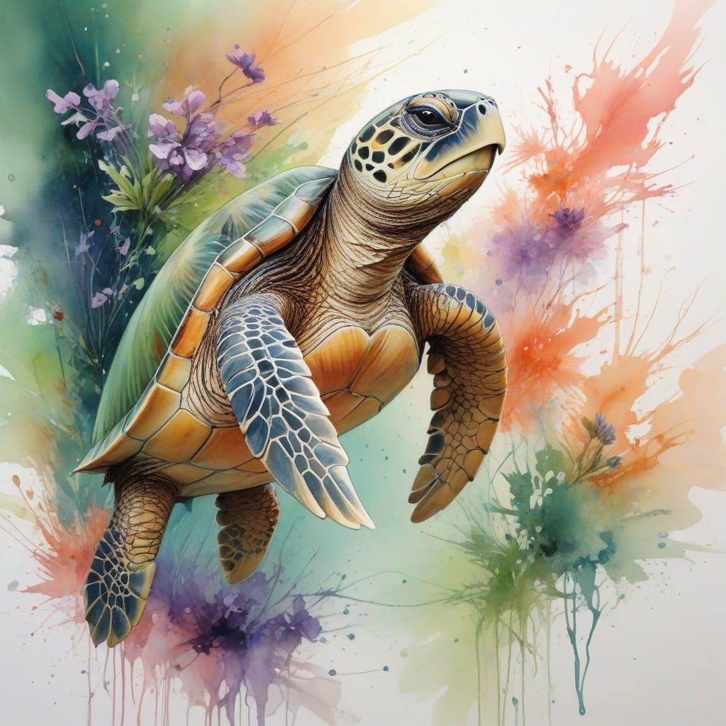 Coral Coast Twilight: Turtle in Pastel Acrylics