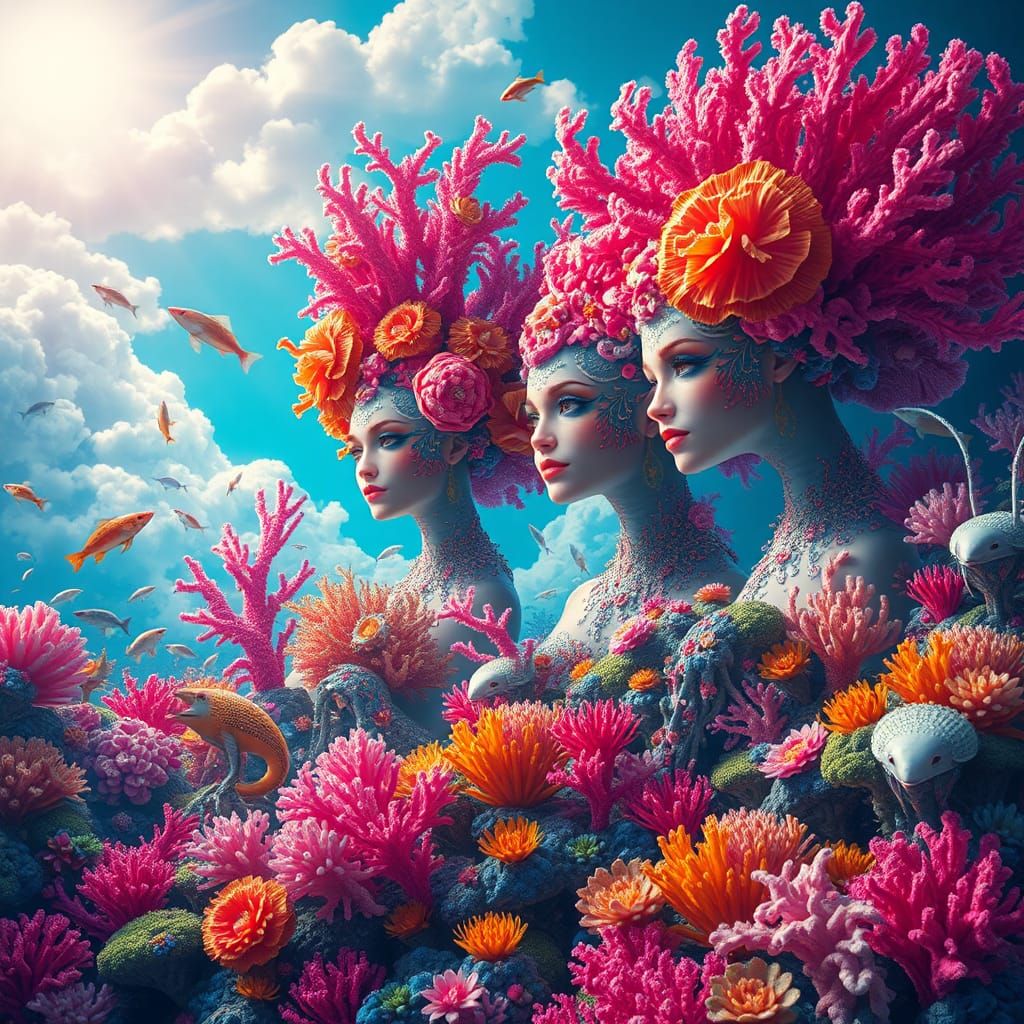 Heavenly Coral Reef Garden with Sea Goddesses
