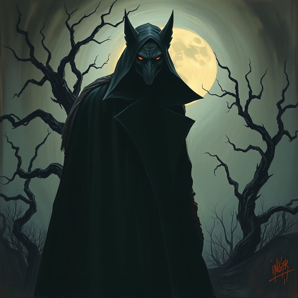 Mysterious Trickster in Moonlit Landscape