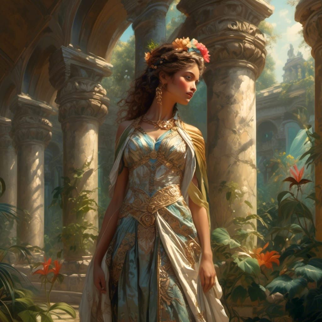 Carthaginian Princess in Exotic Garden, Baroque Oil Painting