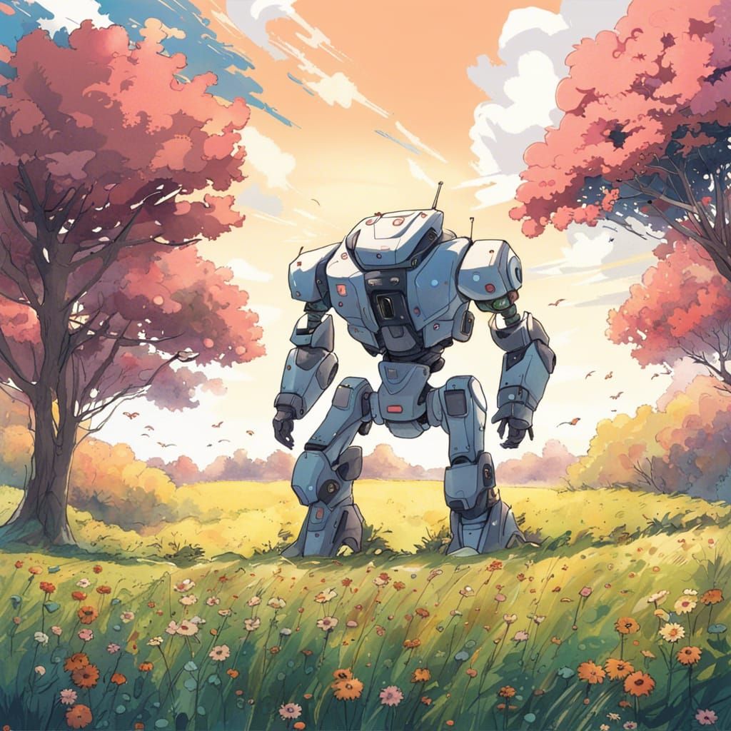 Giant Robot in Meadow: Anime-Inspired Art