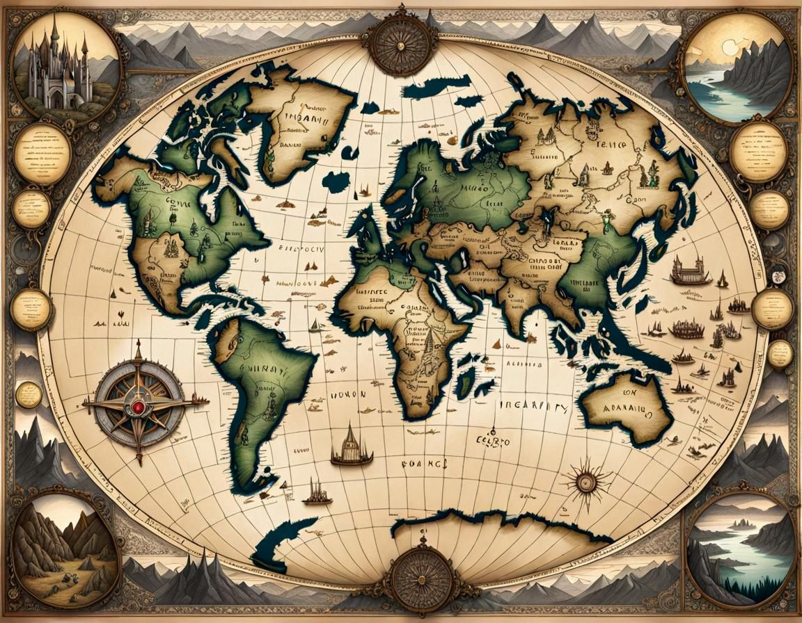 Detailed Fantasy World Map in 19th Century Style