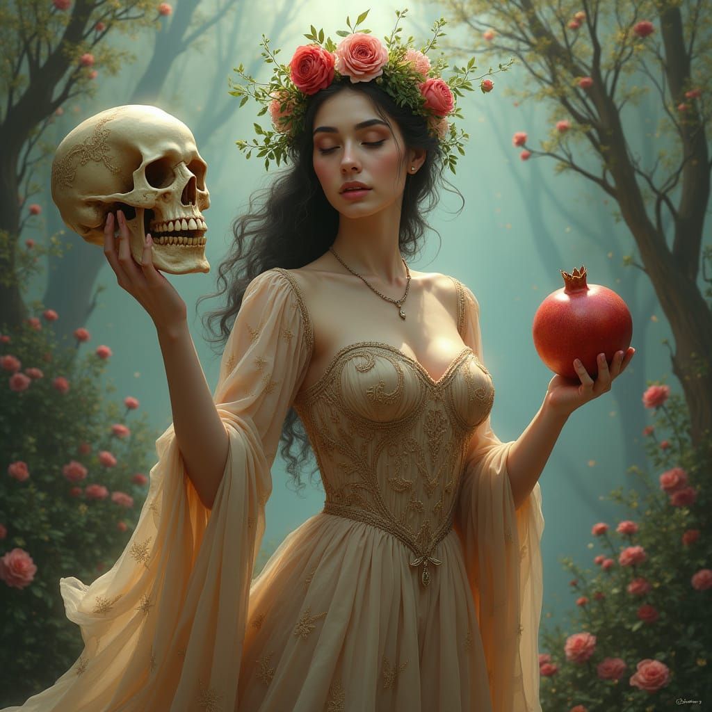 Persephone with Skull and Pomegranate in Dreamlike Landscape