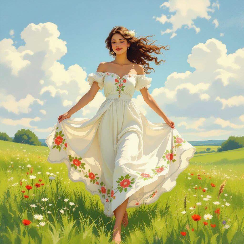 Woman Dancing in Meadow, Art Nouveau Style