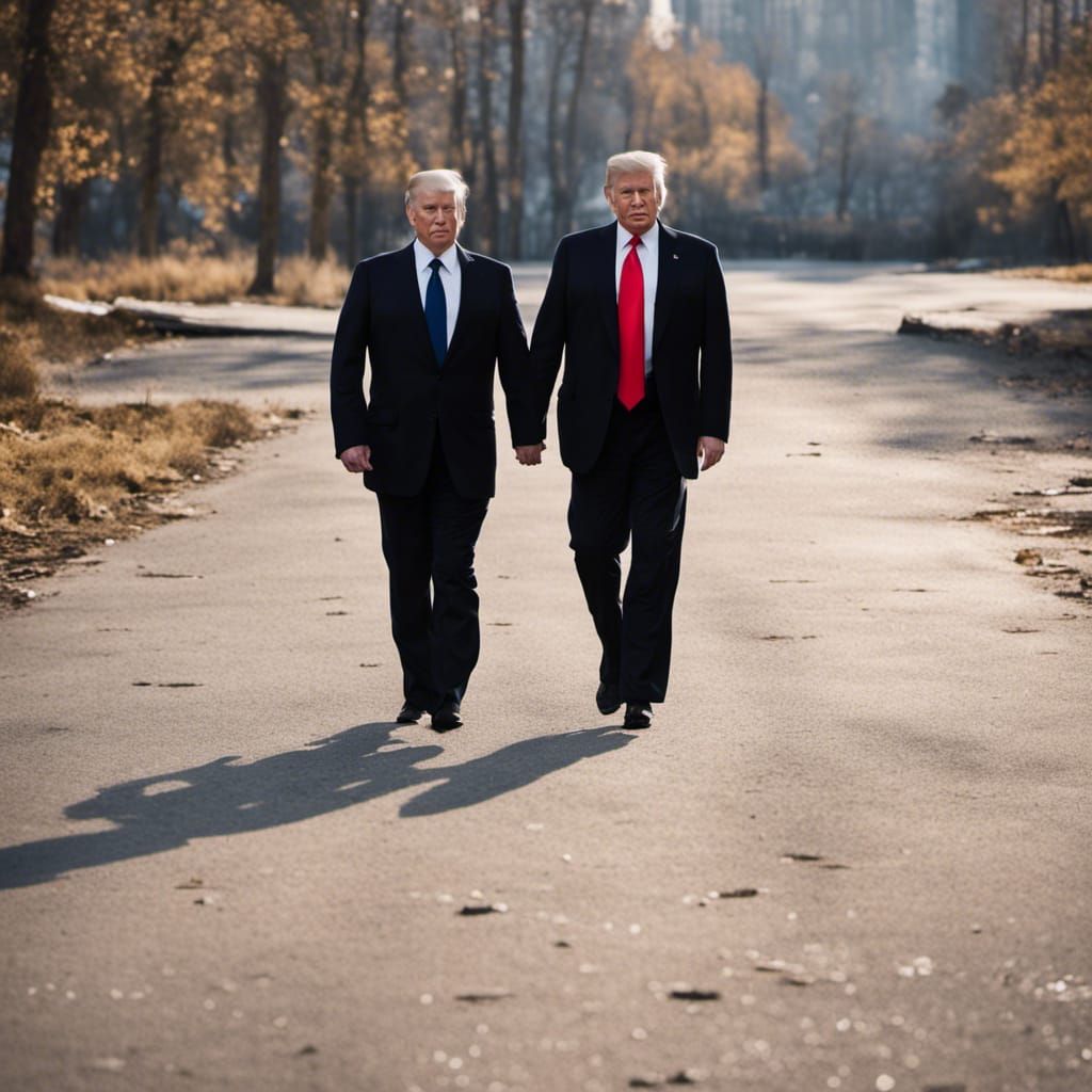 putin and trump walking together holding hand,view towards you