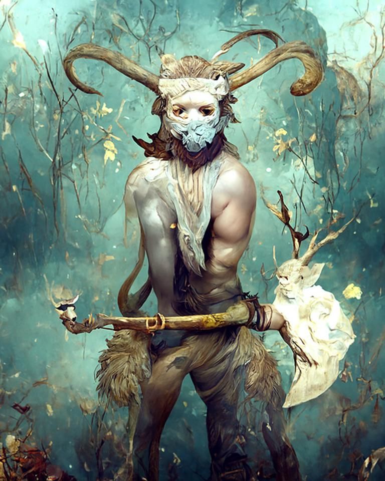 Masked Satyr in Forest with Axe: Photorealistic Cel-Shaded A...