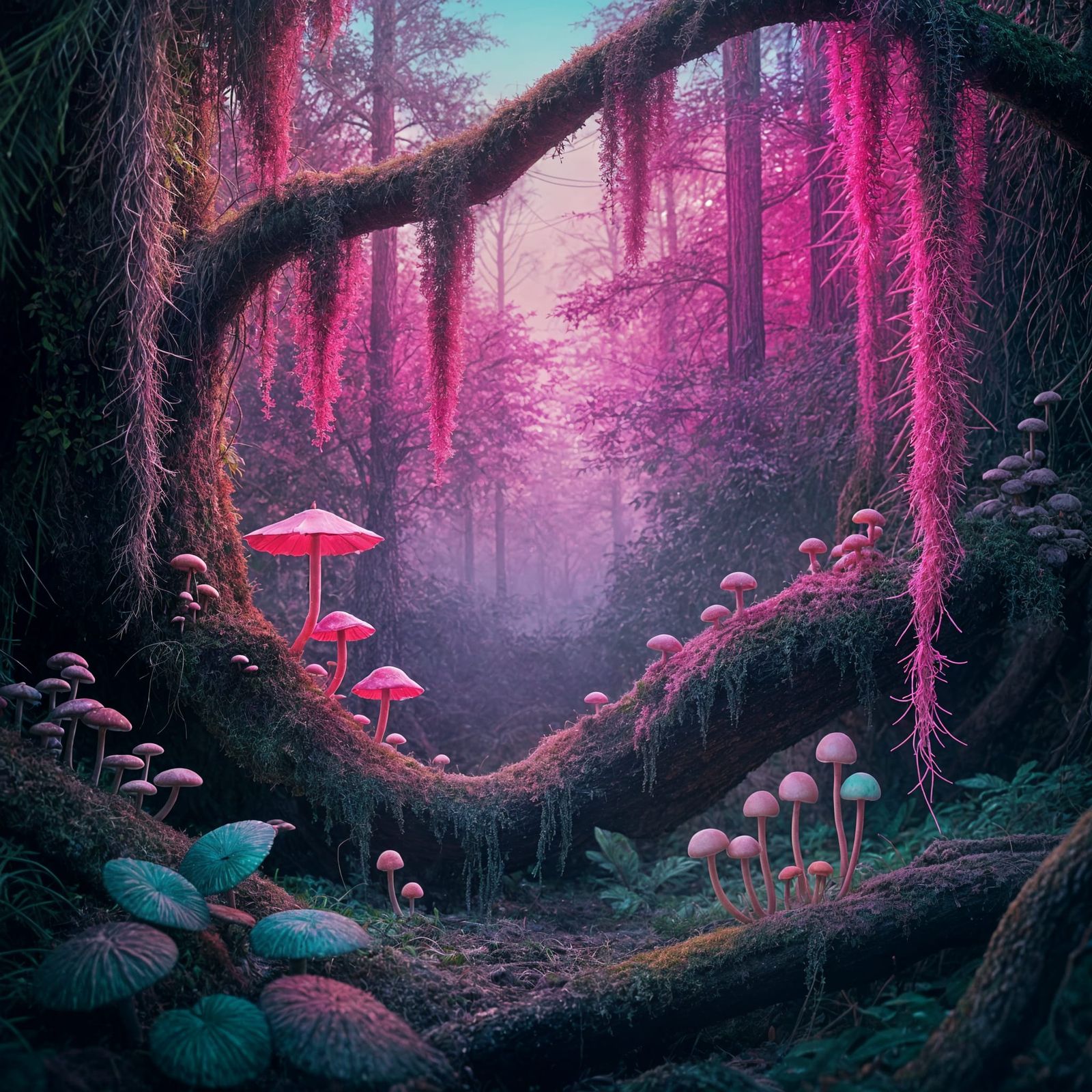 Neon Spanish Moss in Retro Futuristic Landscape