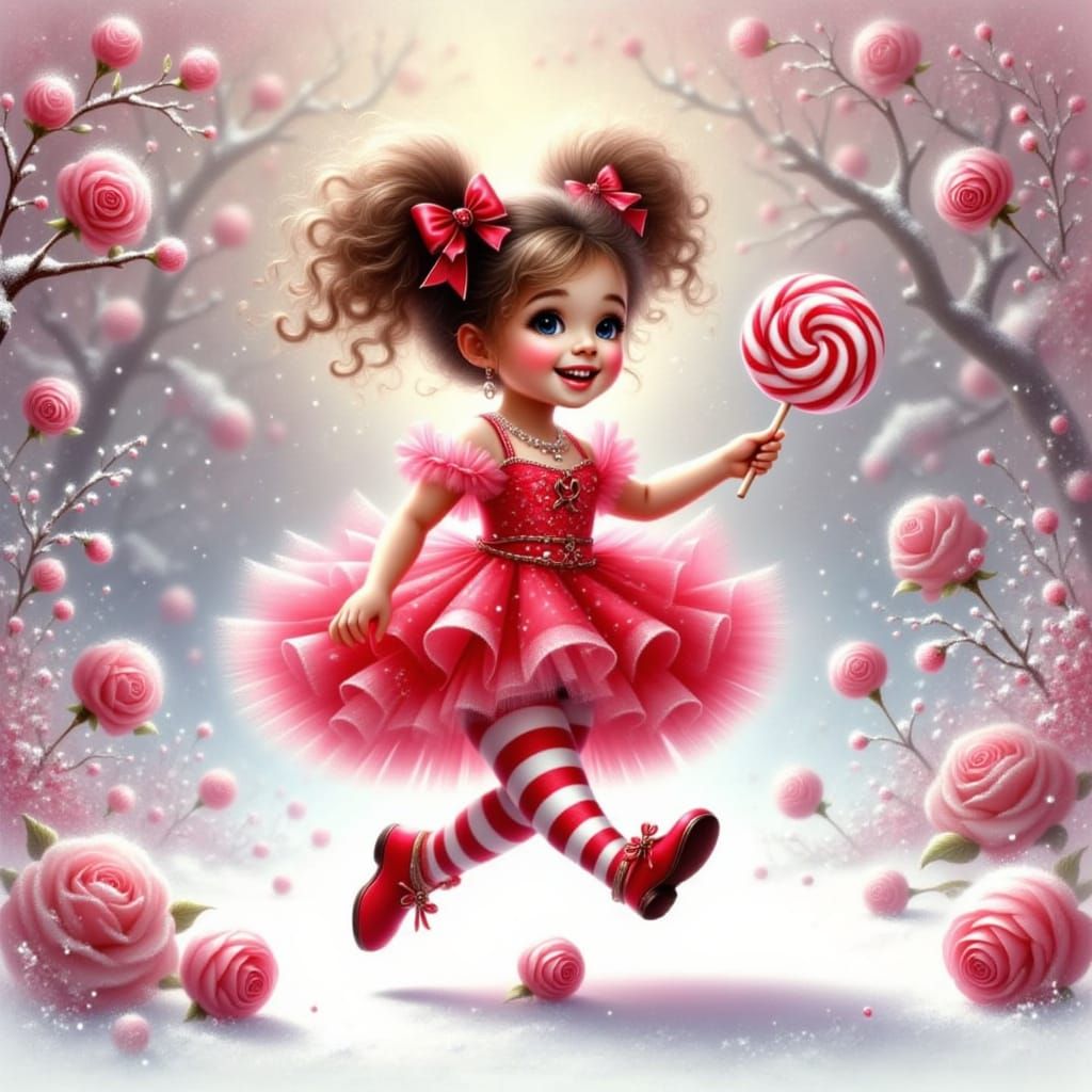 Joyful Girl in Snowy Park with Candy Cane Lollipop