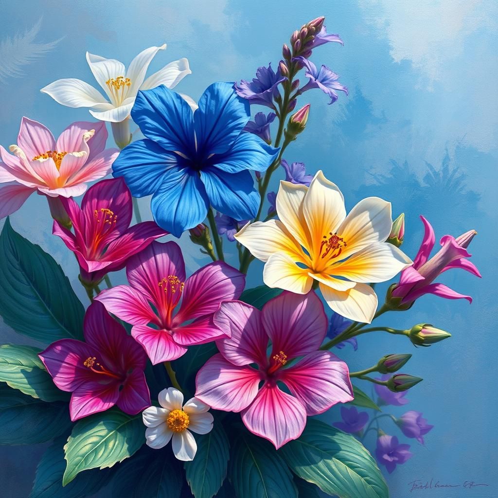 Exotic Blue and Violet Flowers in Impressionistic Style