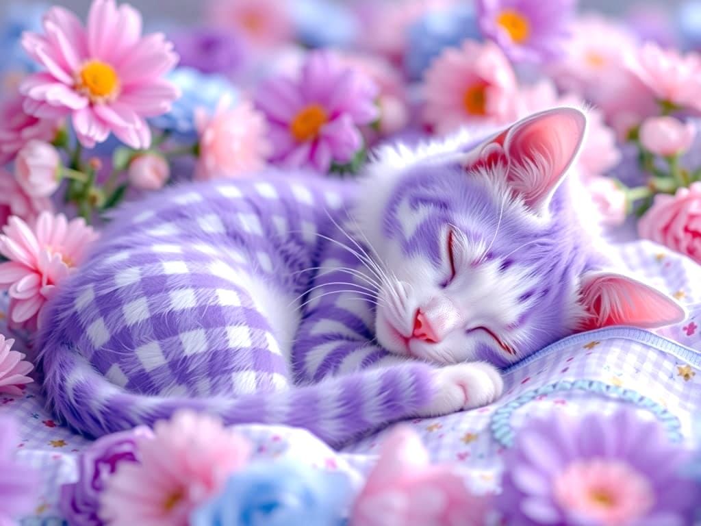 Gingham Patterned Cat Basks in Vibrant Floral Garden