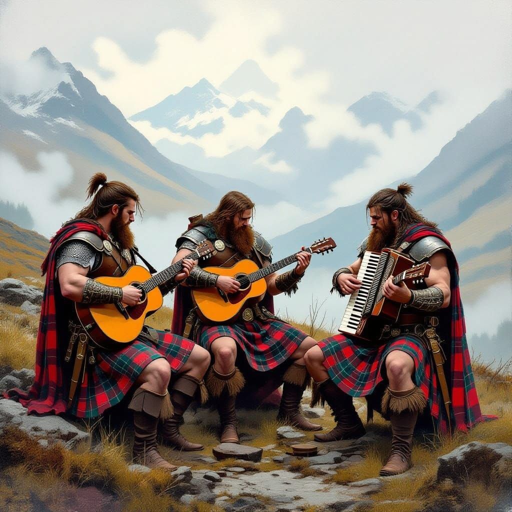 Tartan Warriors in Misty Highland Landscape