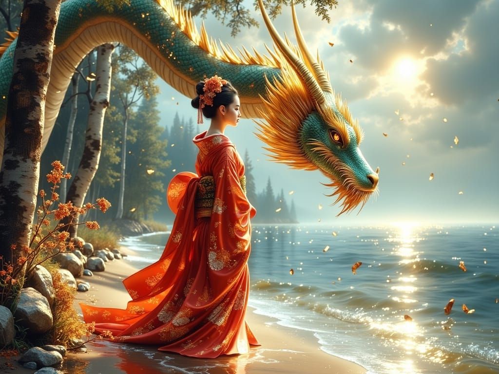 Mystical Geisha Goddess by the Ocean in Whimsical Watercolor