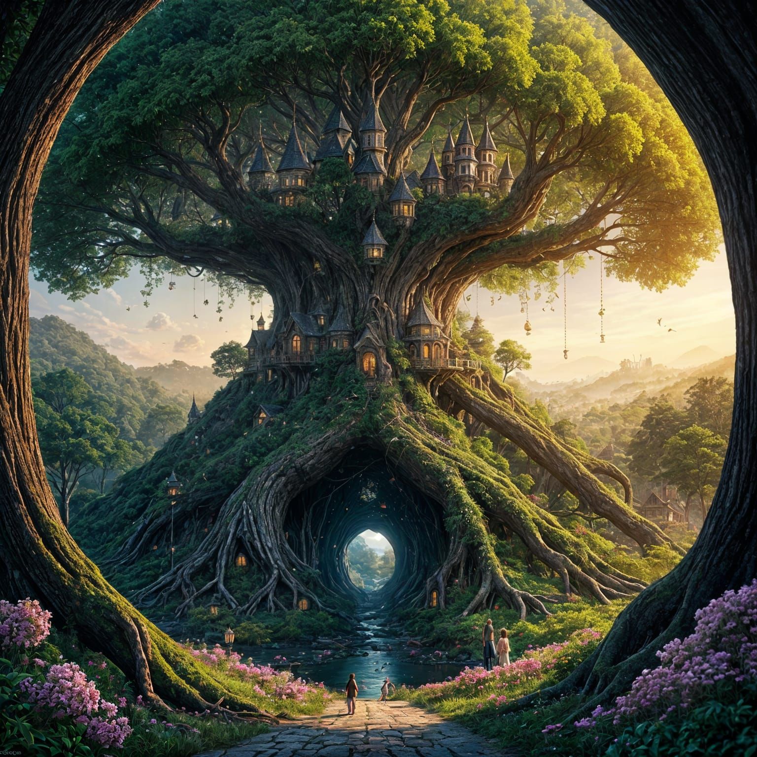 City Inside Ancient Tree: Hyperrealistic Concept Art