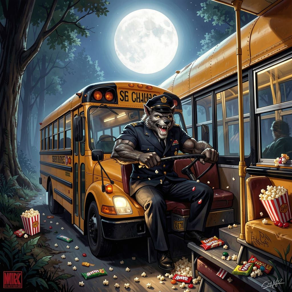 Werewolf Drives Bus Under Harvest Moon with Snacks