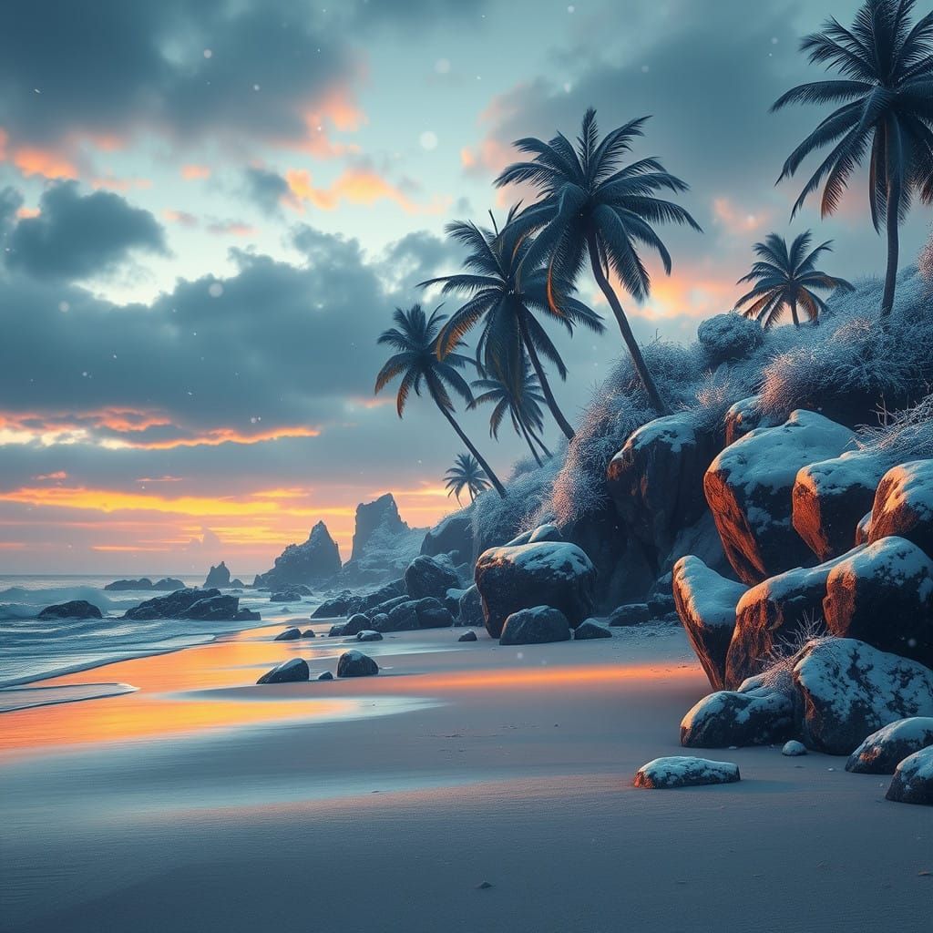 Serene Winter Beach Scene in Vibrant, Fantasy-Inspired Style