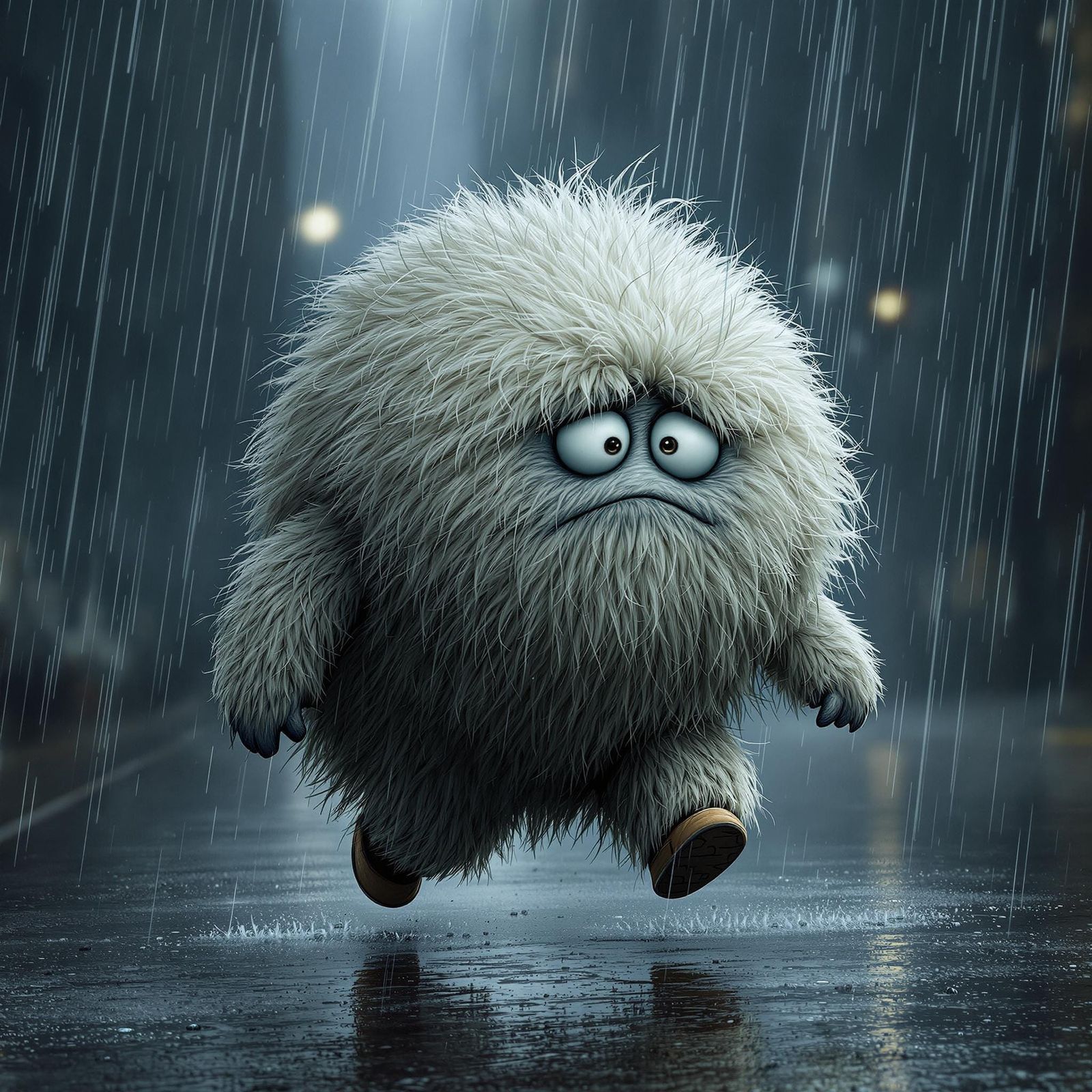 Sad Pom Pom Walks in the Rain