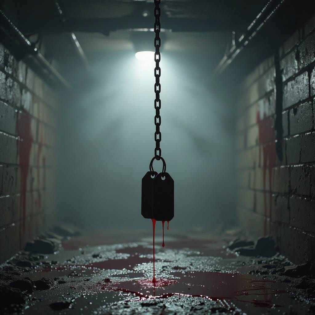 Cinematic Bunker Scene With Dripping Dog Tags