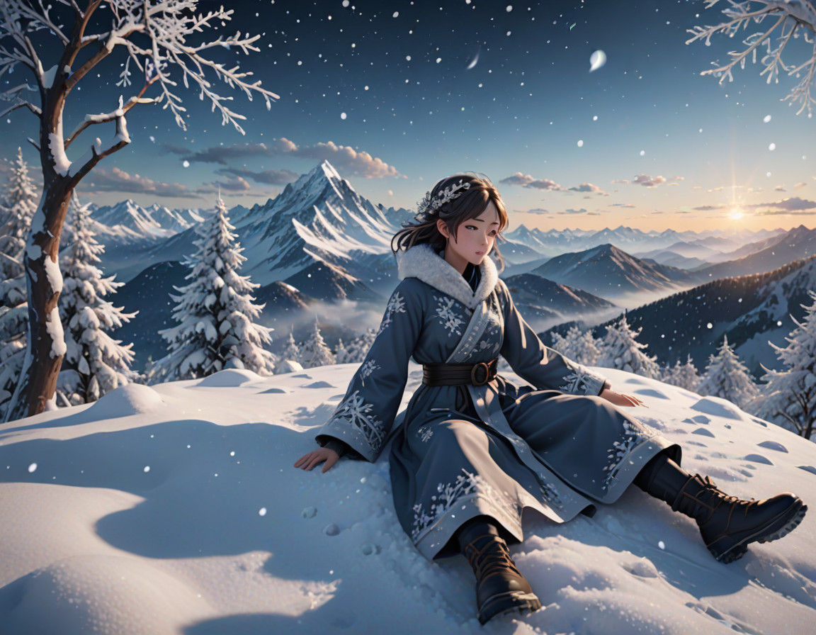 Aesthetic 3D Anime Snow Angel in a Breathtaking Winter Wonde...