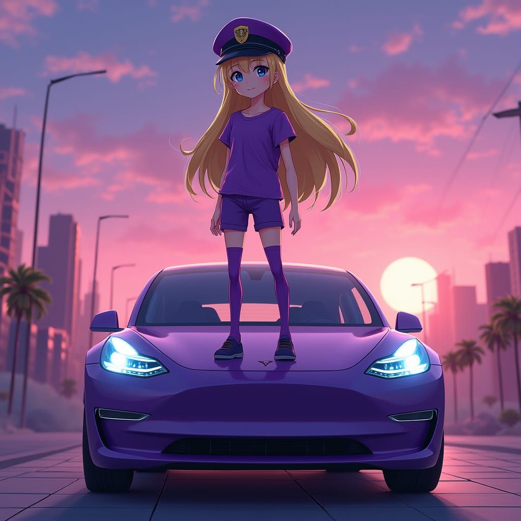 Anime Girl in Purple Outfit on Purple Tesla