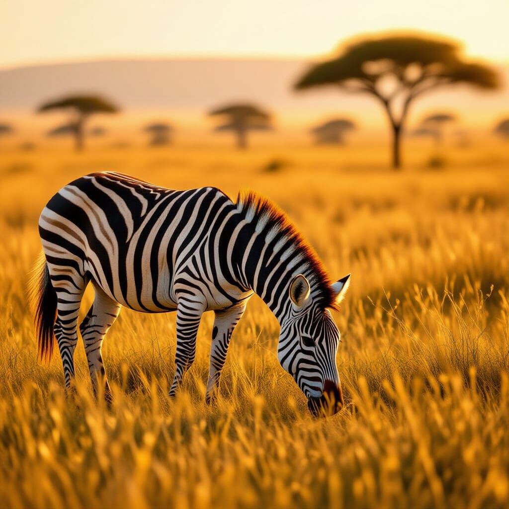 Majestic Zebra Grazing in African Savannah at Golden Hour