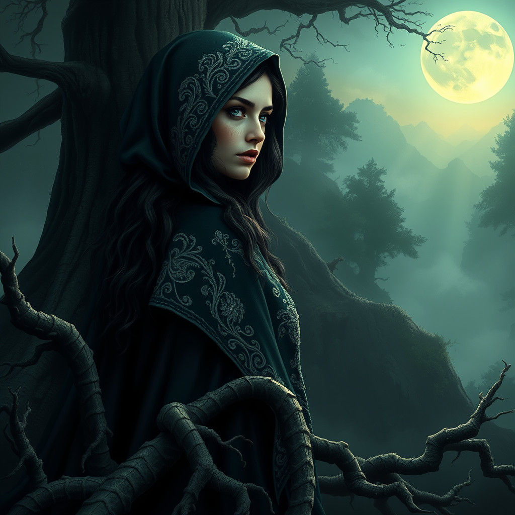 Mysterious Woman at Forest Edge in Digital Art Style