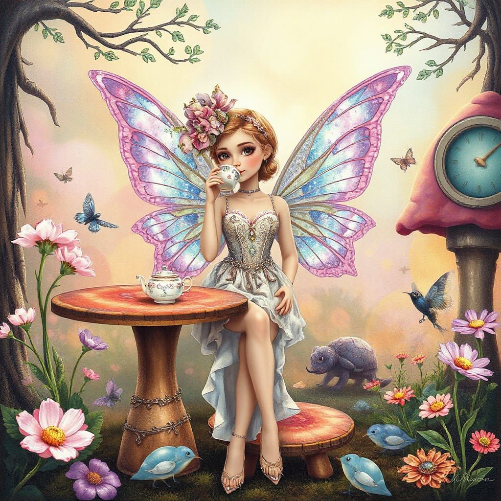 Whimsical Fairy Sipping Tea in Mushroom Cafe