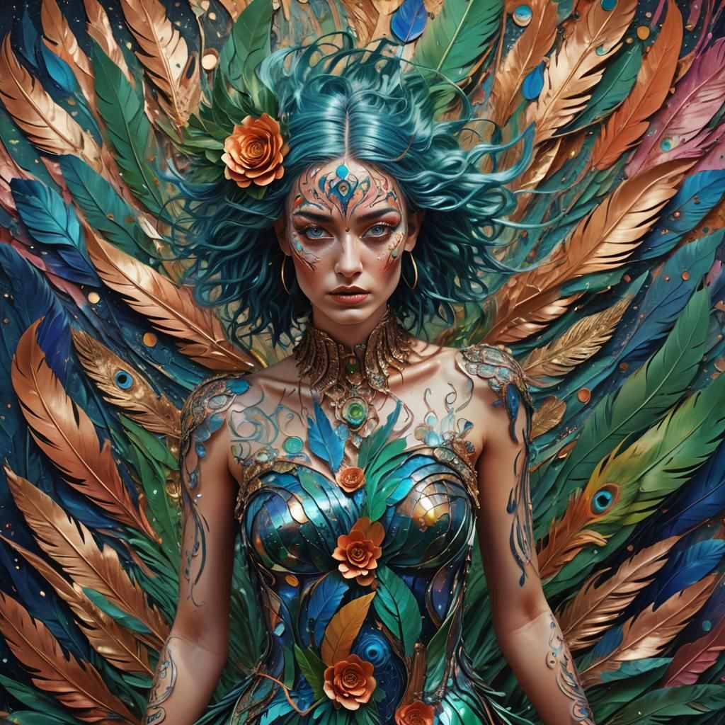 Metallic Woman with Feathers in Cosmic Landscape