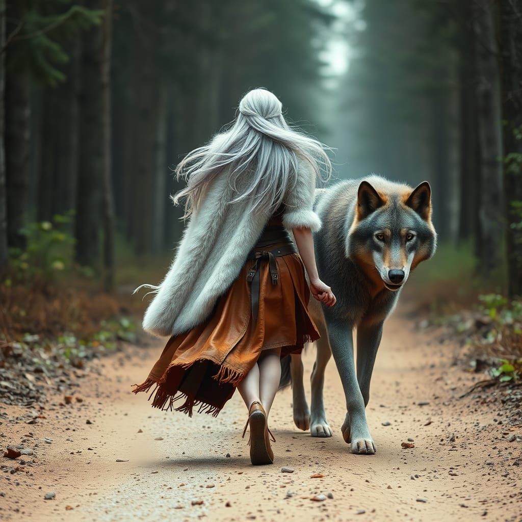 Wood Elf and Gray Wolf on Forest Road
