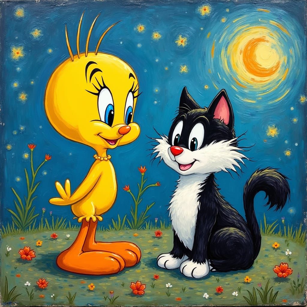 Tweety Bird and Sylvester Cat in Whimsical Van Gogh Style