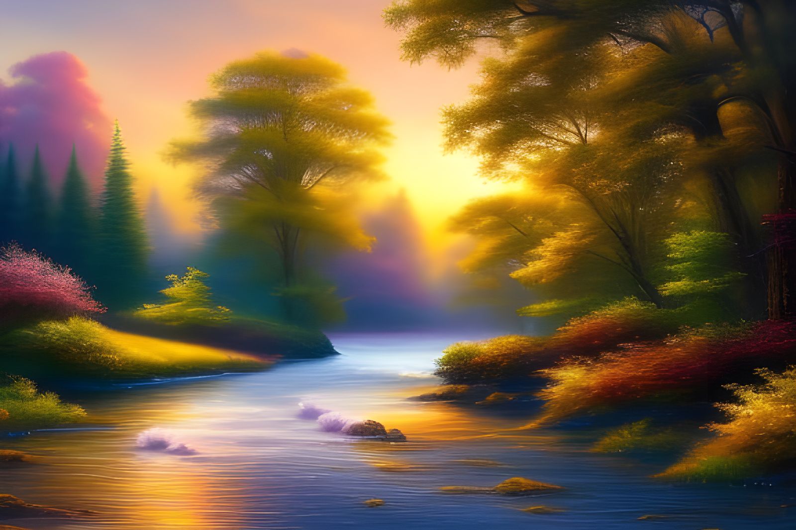 Create a serene, nature-inspired scene with waterfalls and a...