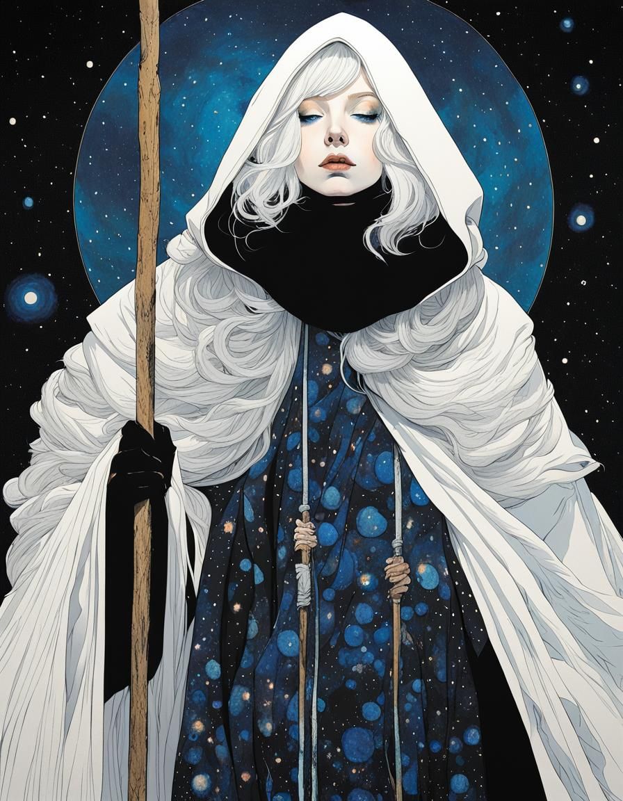 Mysterious Albino Girl with Cosmic Nebula Background