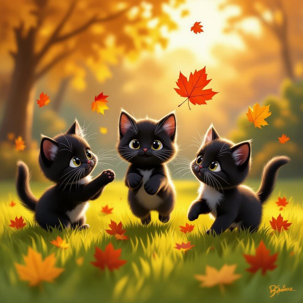 Adorable Black Kittens Chasing Autumn Leaves in Golden Hour