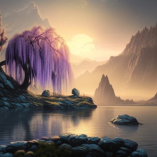 Purple Weeping Willow Island at Sunset