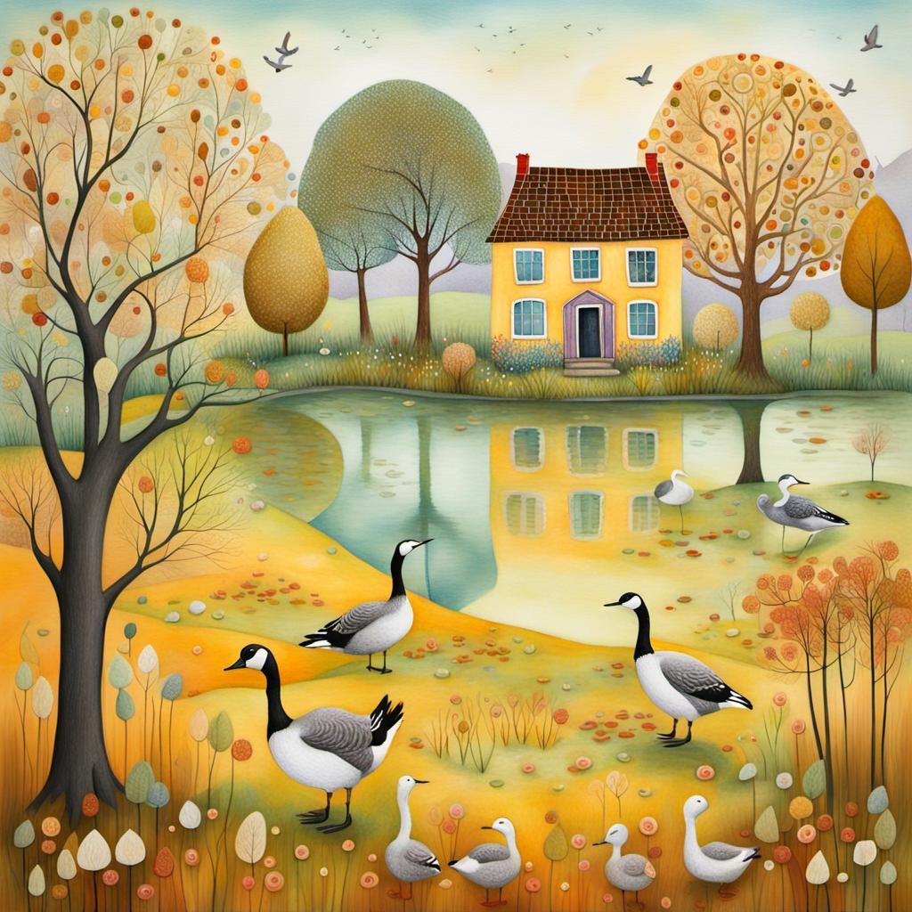 Geese in Meadow: Serene Art Nouveau Painting