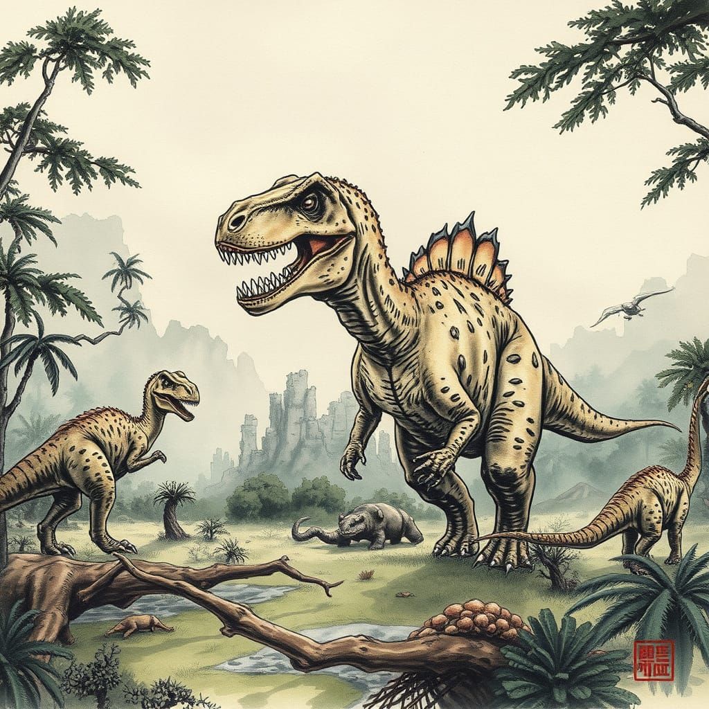 Jurassic Dinosaurs in Chinese Ink Brush Style