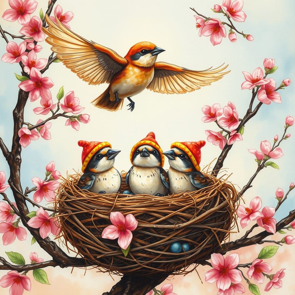 Sparrow Nest with Sombreros in Alcohol Ink Style