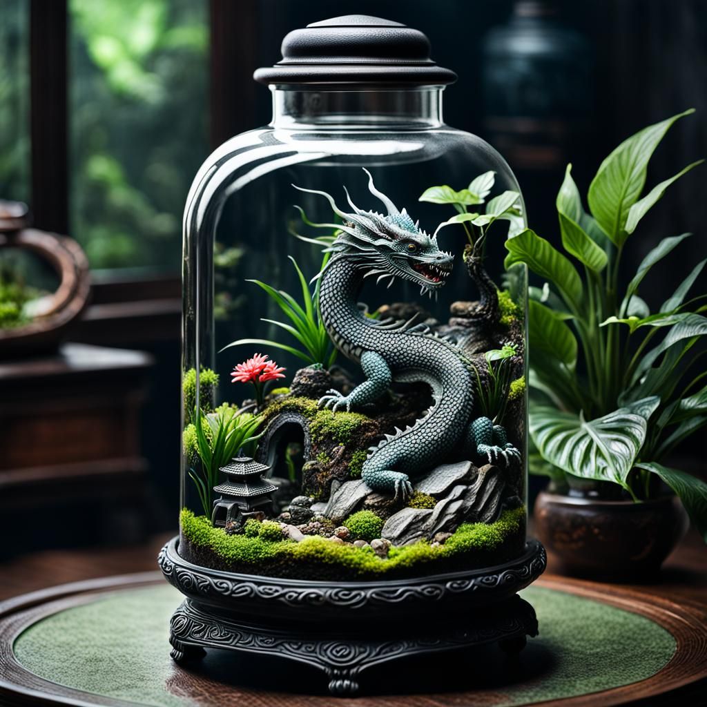 Lush Oriental Zen Terrarium with Miniature Dragon