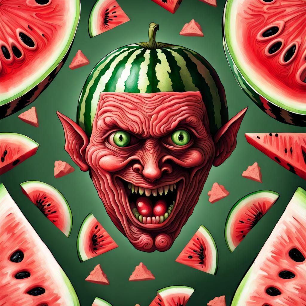 Grotesque Human-Faced Watermelon: Ultra Realistic Fine Detai...