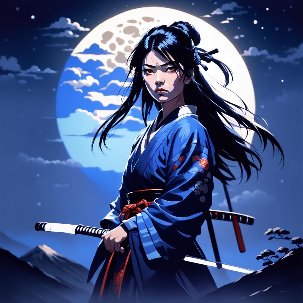 Samurai Girl Portrait in Moonlight, Digital Art Style