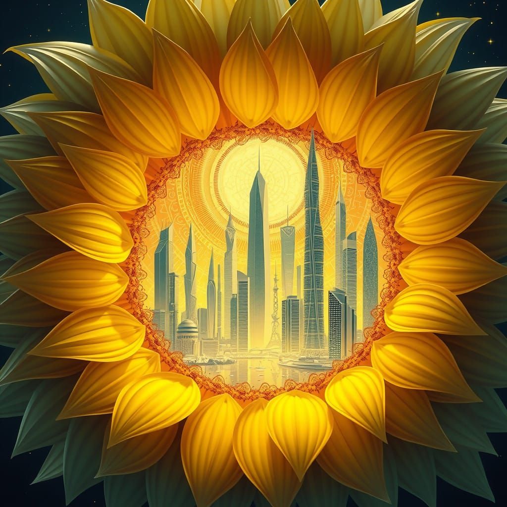 Surreal Sunflower Cityscape in Wave Function Aesthetic