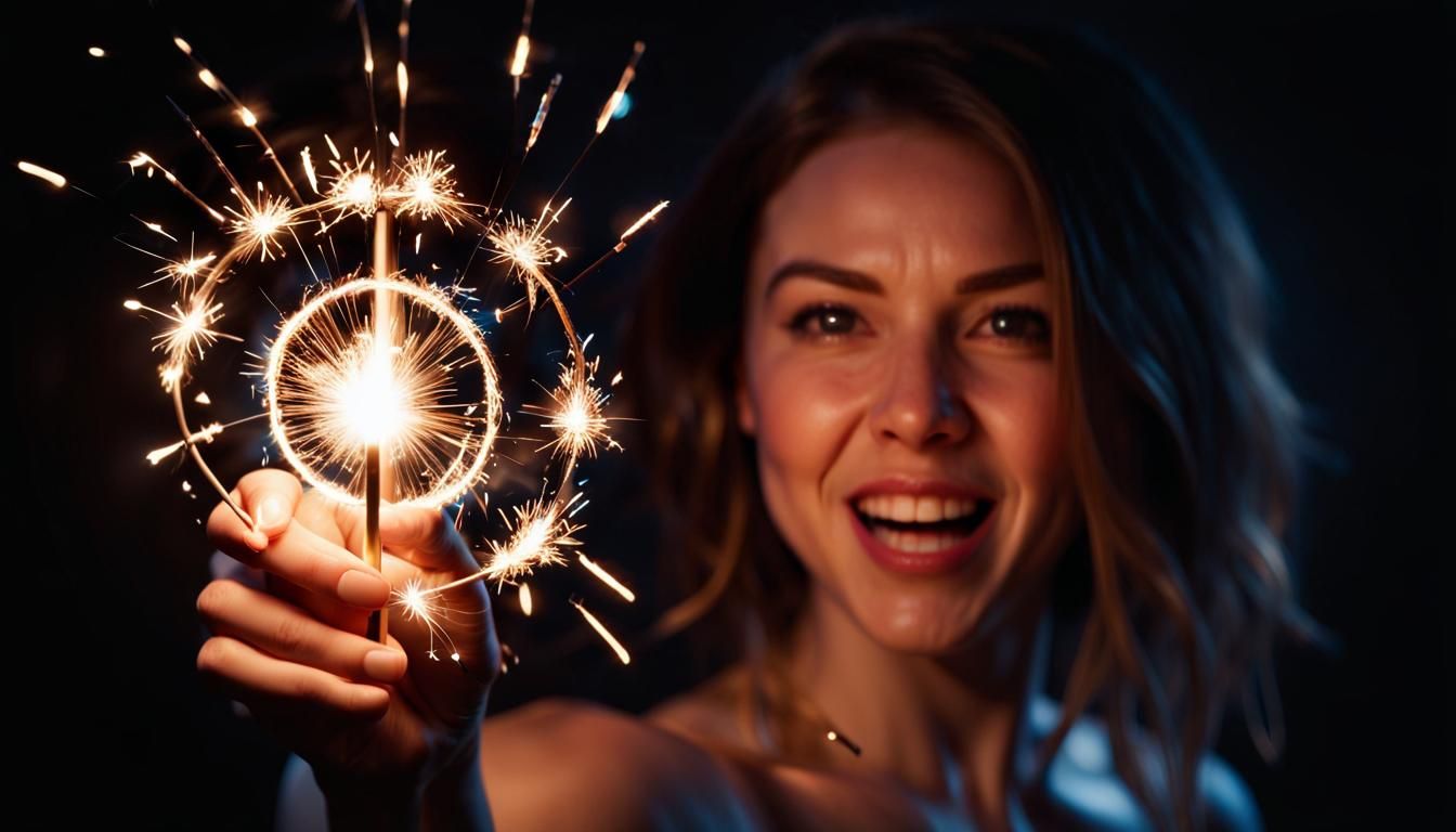 A woman is spinning a sparkler in the dark, creating a circu...