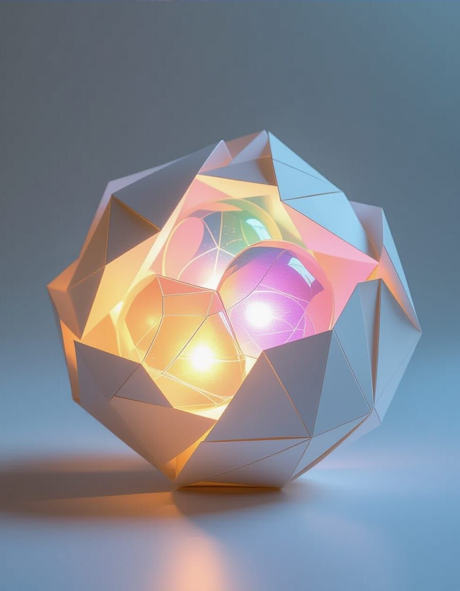 Origami Papercraft with Luminous Bubbles & Ethereal Colors