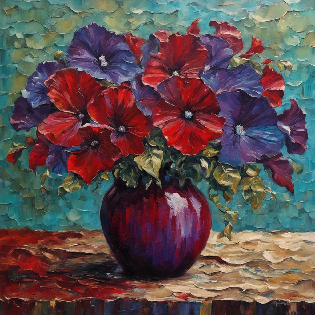 Petunias in Vase: Impasto Oil Painting in Expressionist Styl...