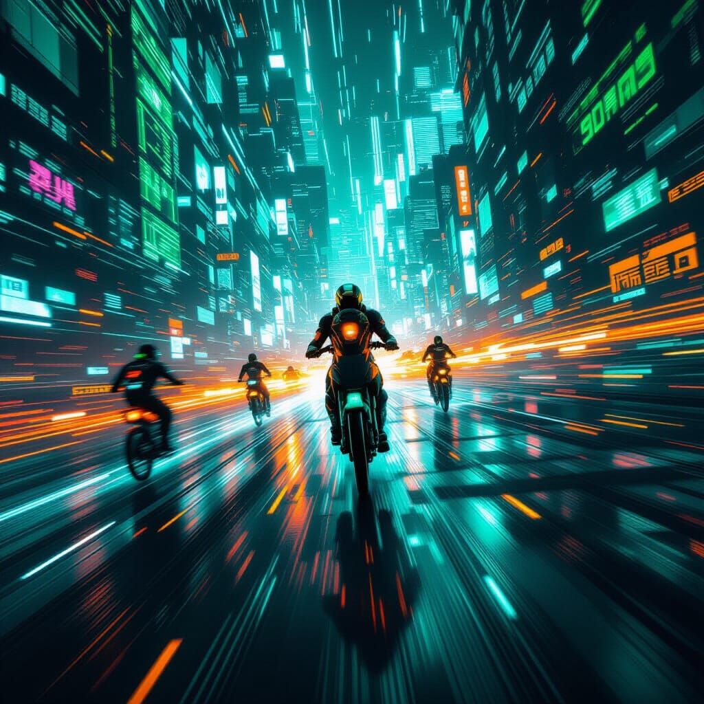 Neon Sci-Fi Action Scene with Glowing Circuits