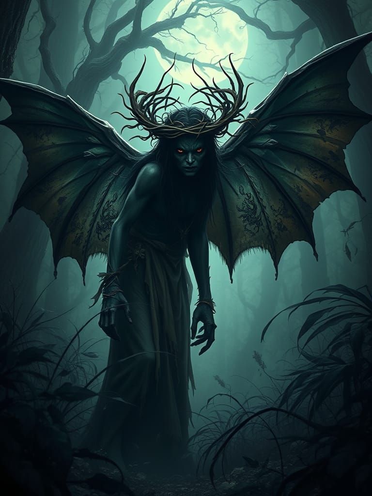 Ethereal Terror: A Dark Fae in Ancient Forest Shadows