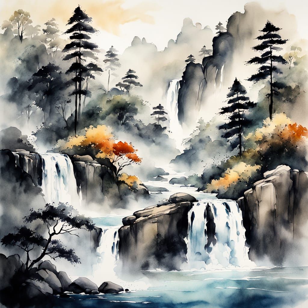 Majestic Waterfall Landscape in Sumi-e Style